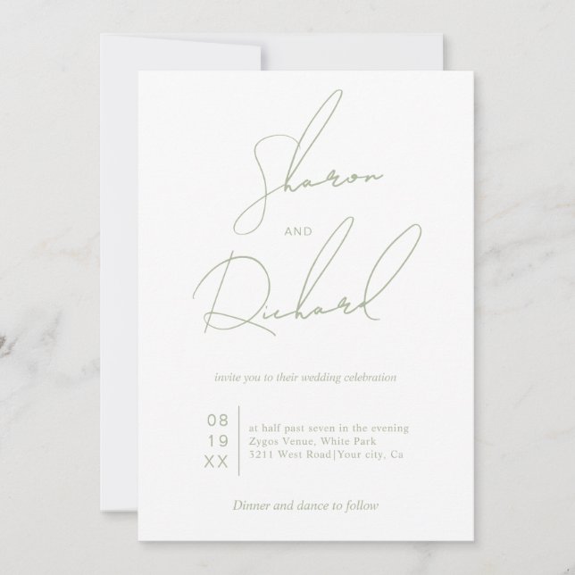 Script calligraphy sage green minimalist wedding invitation (Front)