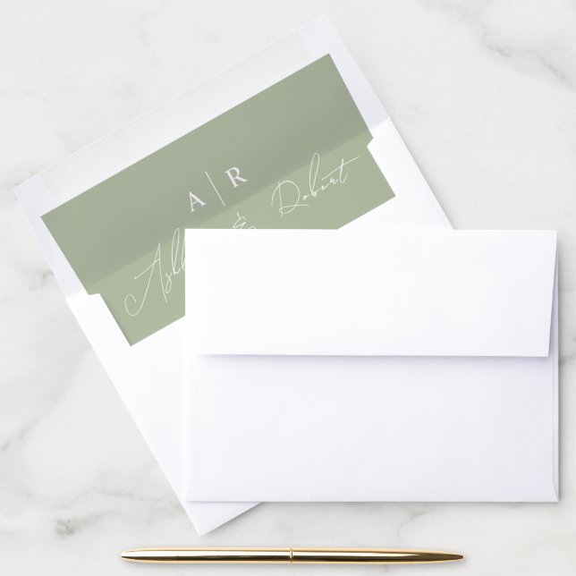 Script calligraphy sage green monochrome wedding envelope liner (Desk)