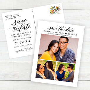 Script Calligraphy Three Photo Save the Date Announcement Postcard