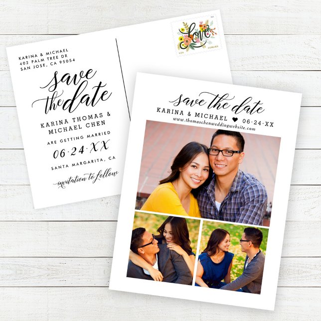 Script Calligraphy Three Photo Save the Date Announcement Postcard (Creator Uploaded)