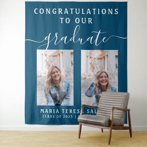 Script Calligraphy Two Photo Graduation Teal Blue Tapestry