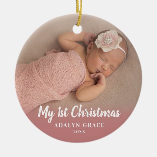 Script Calligrapy Babys First Christmas Photo Ceramic Ornament