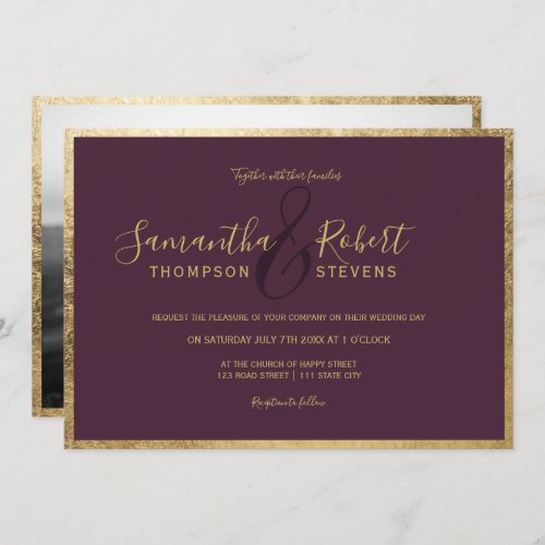 Script chic gold border red plum photo wedding invitation