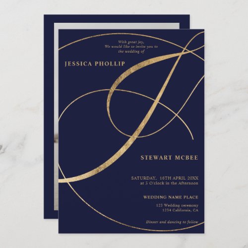 Script chic navy gold photo calligraphy wedding invitation - Chic and elegant navy blue and gold foil calligraphy wedding invitation with and flourish ampersand , add your photo. With a beautiful brush calligraphy script.