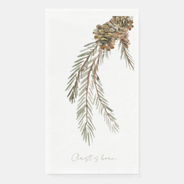 Script Christ is Born Pine Cone White Paper Guest Towels (Front)