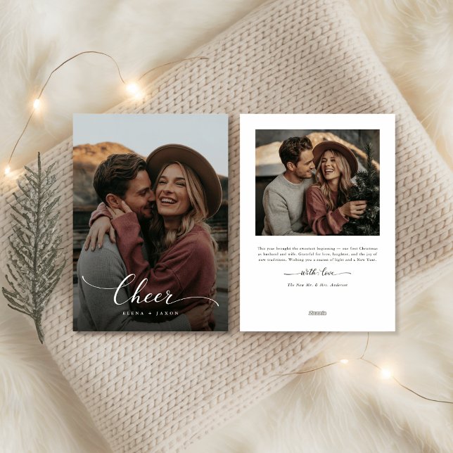 Script Christmas Cheer Newlywed Mr & Mrs Photo Holiday Card (Creator Uploaded)