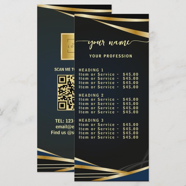 Script Classic black and gold Price List Menu (Front/Back)