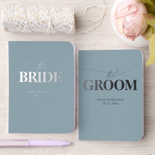 Script Classic Bride Groom Blue Silver Wedding Foil Vow Books (Wedding)