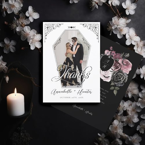 Script Coffin Photo Gothic Halloween Wedding  Thank You Card