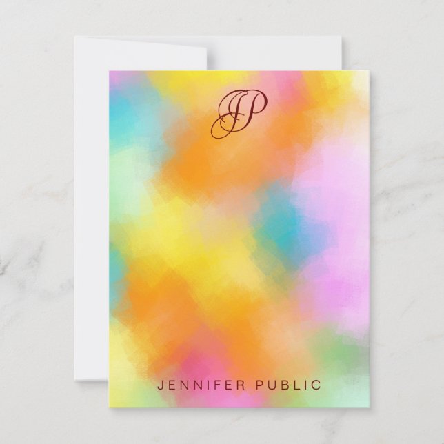 Script Colorful Abstract Handwriting Monogrammed Note Card (Front)
