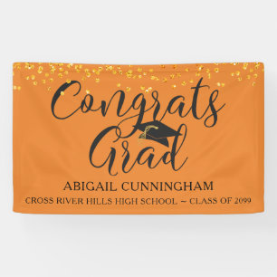 Script CONGRATS GRAD Orange Glitter Confetti Banner
