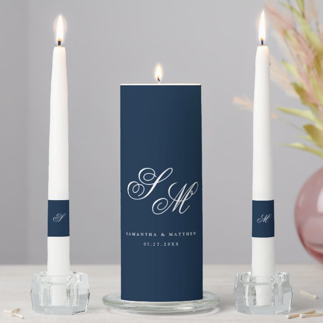 Script Couple Monogram Navy Blue Wedding Unity Candle Set (In Situ)