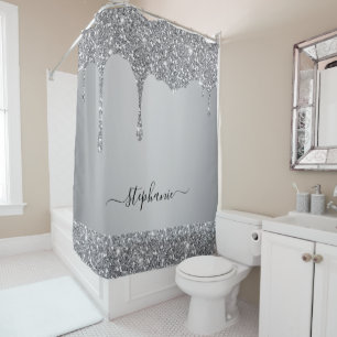 Script Custom Name Silver Glitter Drips Luxe Shower Curtain