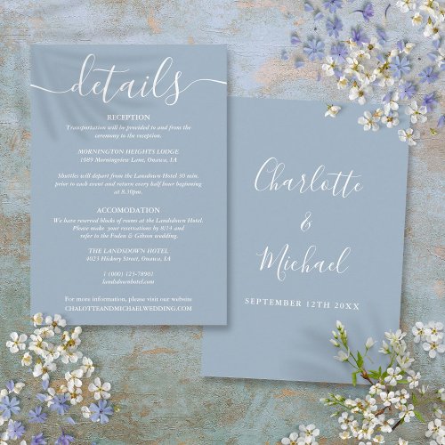 Script Dusty Blue Wedding Details Information Enclosure Card