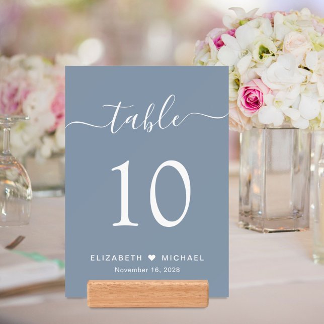 Script Dusty Blue Wedding Reception Table Number Holder (Creator Uploaded)