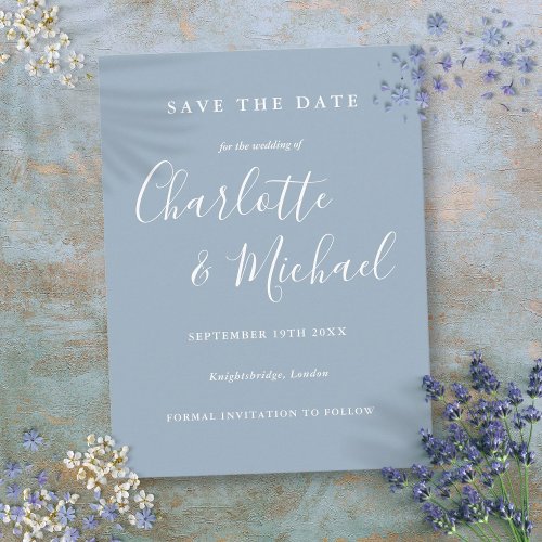 Script Dusty Blue Wedding Save the Date Card