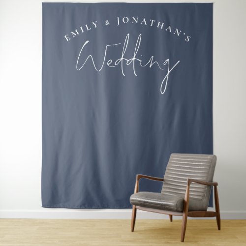 Script Dusty Navy Blue Wedding Photo Background Tapestry