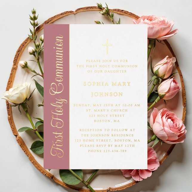 Script Dusty Pink Girl First Communion Gold Foil Invitation (Script Dusty Pink Girl First Communion Gold Foil Invitation)