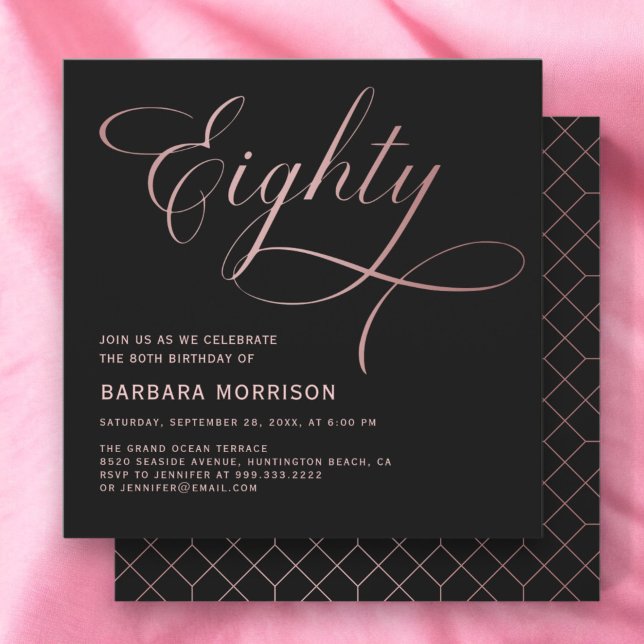 Script Eighty Black Rose Gold 80th Birthday Invitation (Creator Uploaded)