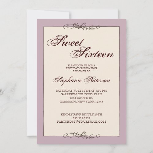 Script Elegance Sweet Sixteen in Cream &amp; Lilac Invite