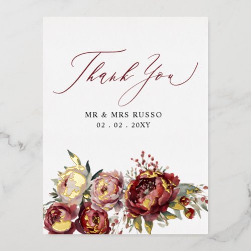 Script Elegant Burgundy Blush Floral Thank You Foil Invitation Postcard