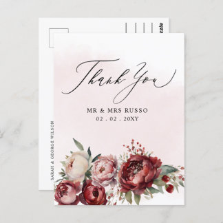 Script Elegant Burgundy Blush Floral Thank You Postcard