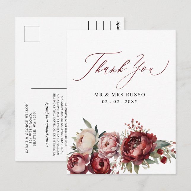 Script Elegant Burgundy Blush Floral Thank You Postcard (Front/Back)