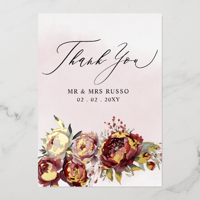  Script Elegant Burgundy Blush Floral Wedding  Foil Invitation (Front)