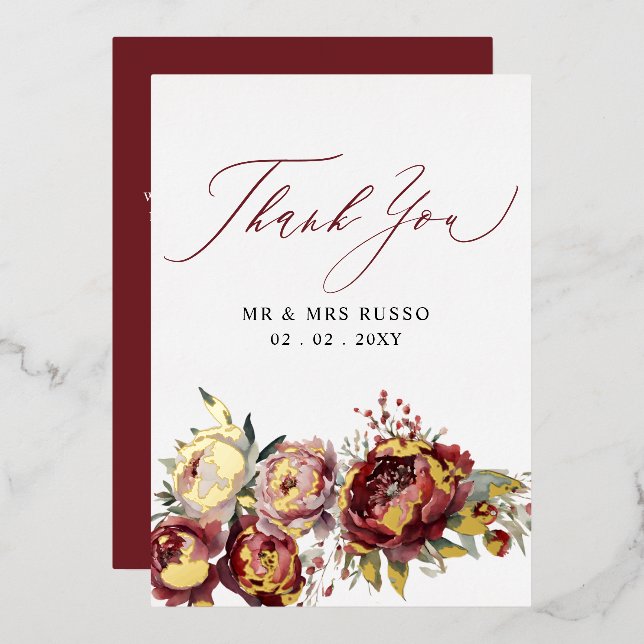  Script Elegant Burgundy Blush Floral Wedding  Foil Invitation (Front/Back)
