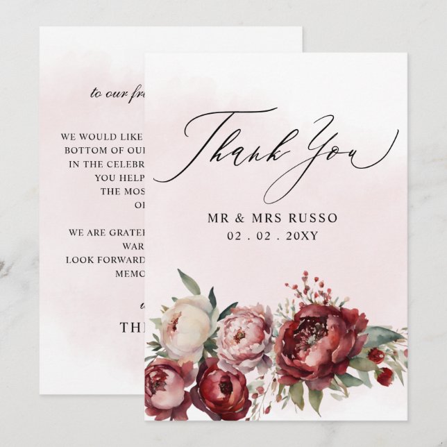 Script Elegant Burgundy Blush Floral Wedding  Thank You Card (Front/Back)