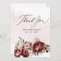 Script Elegant Burgundy Blush Floral Wedding  Thank You Card