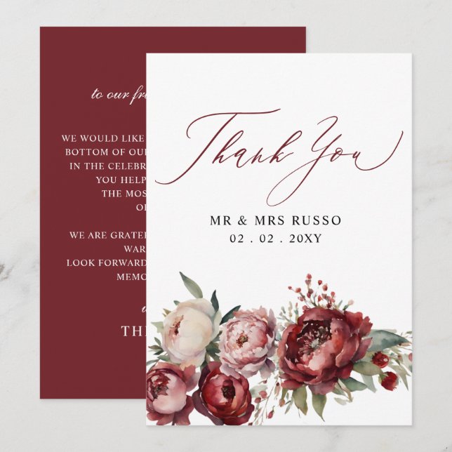  Script Elegant Burgundy Blush Floral Wedding  Thank You Card (Front/Back)