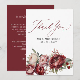  Script Elegant Burgundy Blush Floral Wedding  Thank You Card