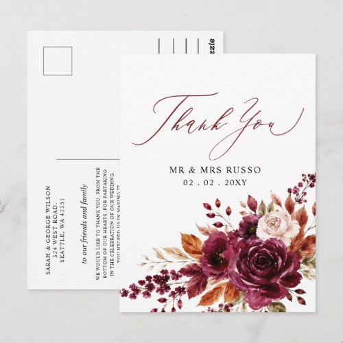 Script Elegant Burgundy Fall Floral Thank You Postcard