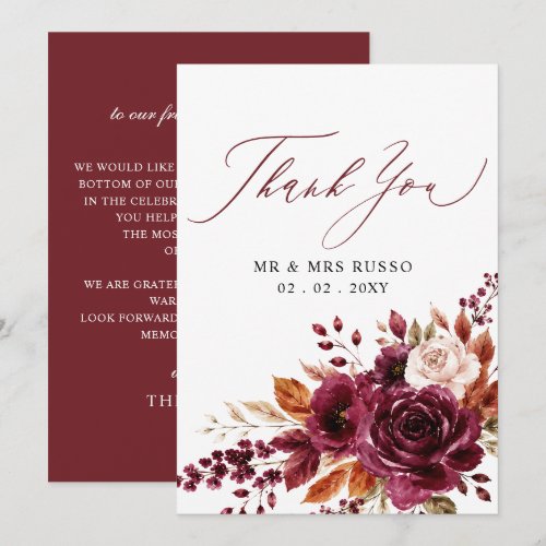 Script Elegant Burgundy Fall Floral Wedding  Thank You Card