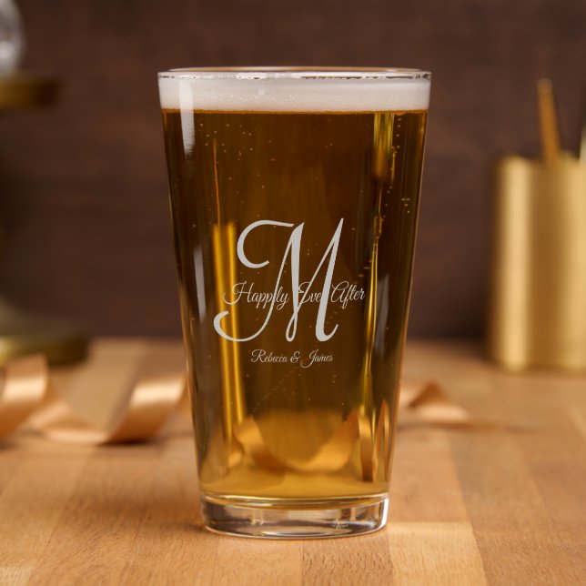 Script Elegant Monogram Happily Ever After Wedding Pint Glass (Party)