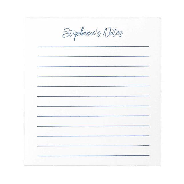  Script Elegant Navy Blue Lined Personalized Notepad (Front)