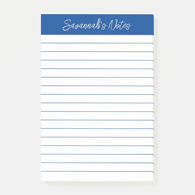 Script Elegant Navy Blue Lined Personalized Post-it Notes (Front)