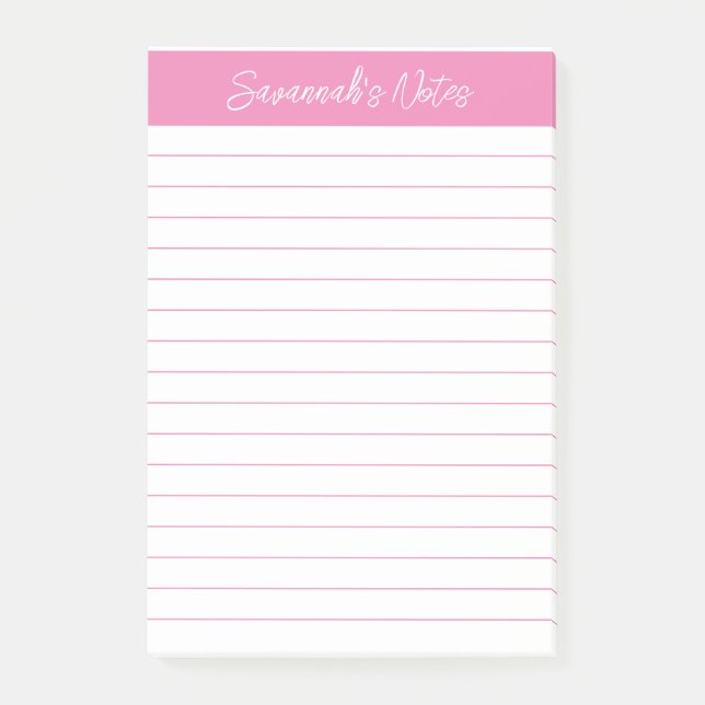 Script Elegant Pink Lined Personalized Post-it Notes (Front)