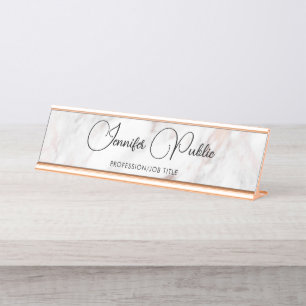 Script Elegant Rose Gold Marble Modern Typography Desk Name Plate