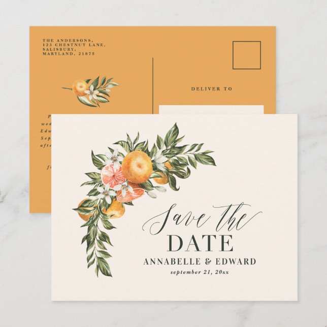 Script elegant wedding citrus botanical modern ann announcement postcard (Front/Back)