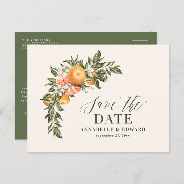 Script elegant wedding citrus botanical modern ann announcement postcard (Front/Back)