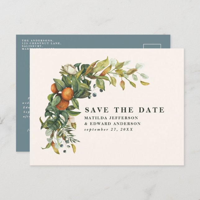 Script elegant wedding citrus botanical modern announcement postcard (Front/Back)