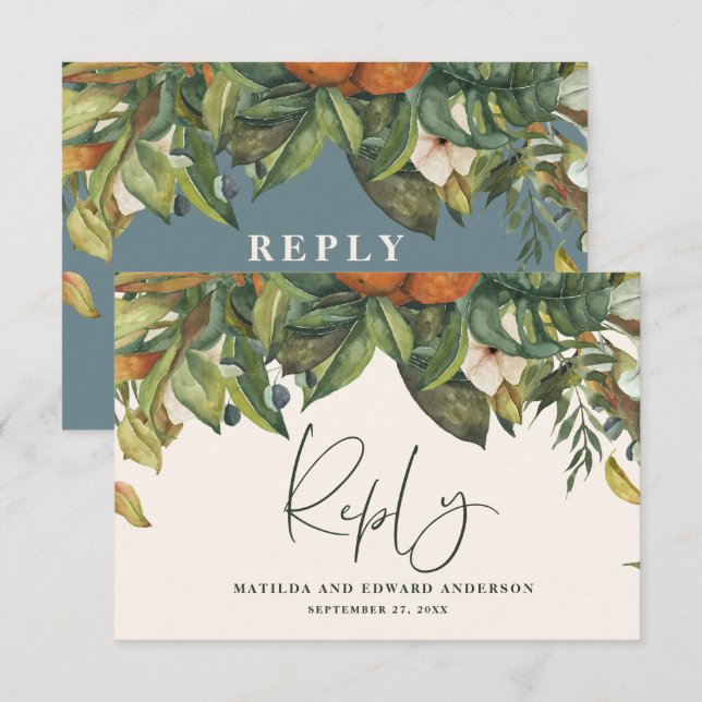 Script elegant wedding citrus botanical modern RSVP card (Front/Back)