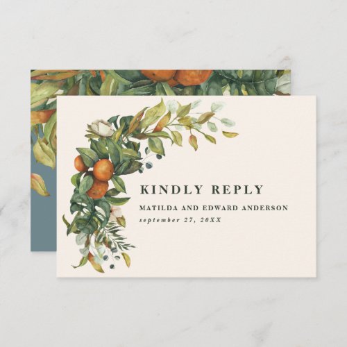 Script elegant wedding citrus botanical modern RSVP card