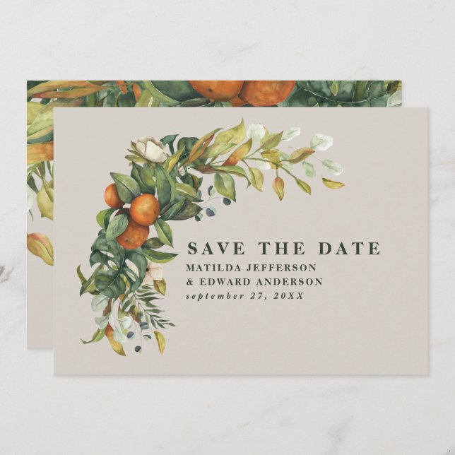 Script elegant wedding citrus botanical modern save the date (Front/Back)