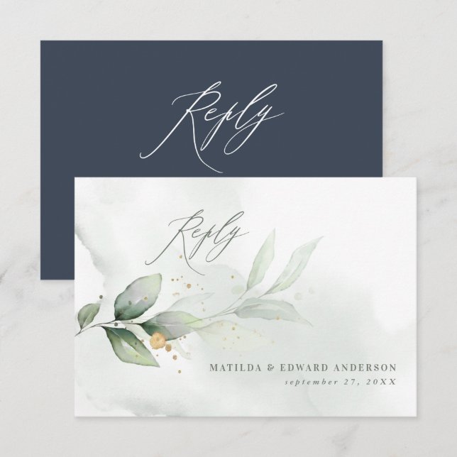 Script elegant wedding eucalyptus botanical navy RSVP card (Front/Back)