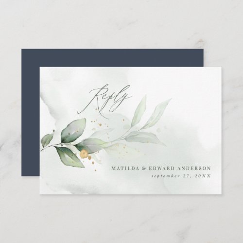 Script elegant wedding eucalyptus botanical navy RSVP card