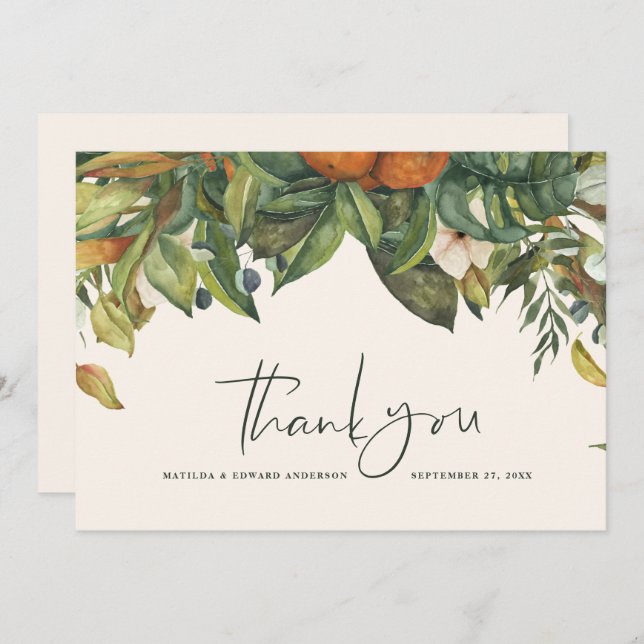 Script elegant wedding thank you citrus botanical (Front/Back)
