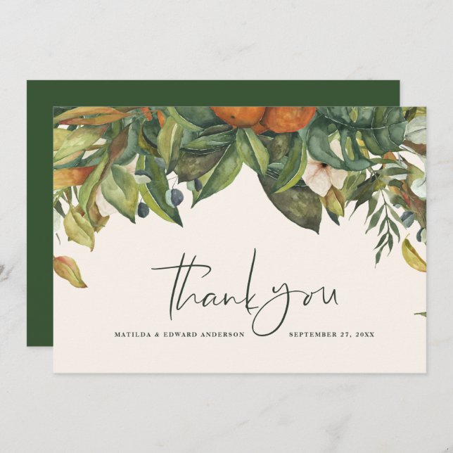 Script elegant wedding thank you citrus botanical (Front/Back)